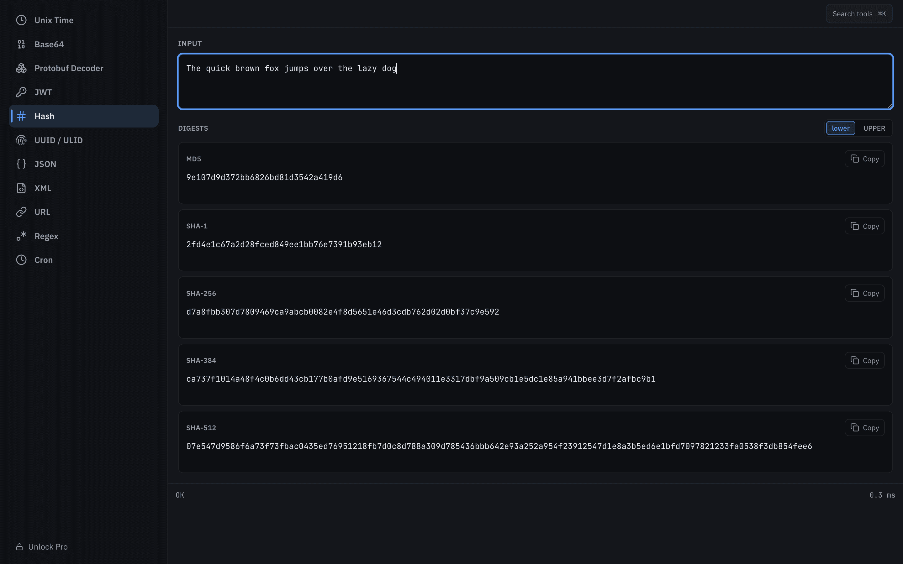 TinkerDev's hash tool computing MD5 and SHA digests from a single input.