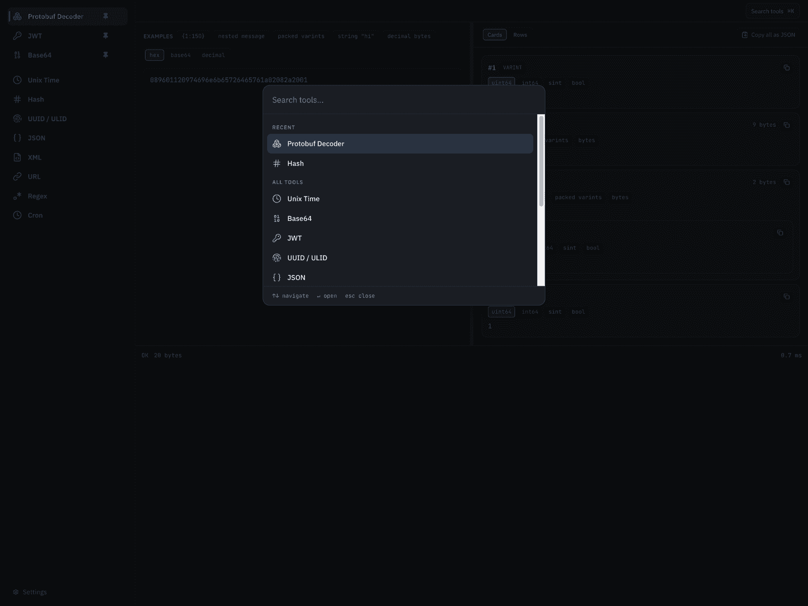 TinkerDev's command palette open over the Protobuf decoder, listing recent and all tools for keyboard navigation.